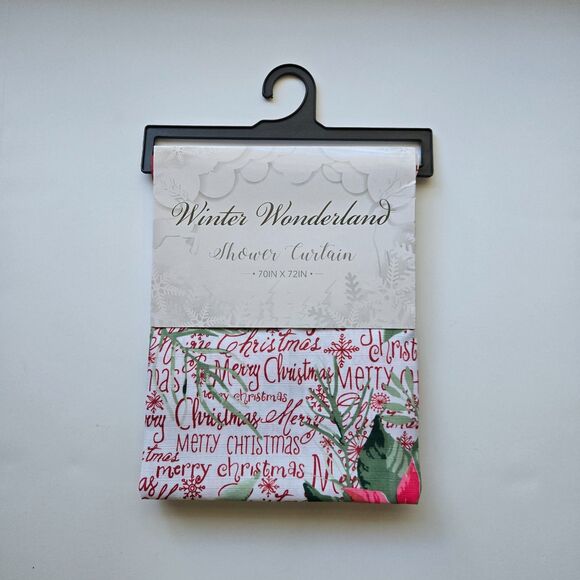 Merry Christmas Shower Curtain 70 x 72 Poinsettias Winter Wonderland - Picture 1 of 6